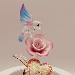 I Love You Mom Hummingbird with Pink Rose Glass Figurine Mother Gift Decor